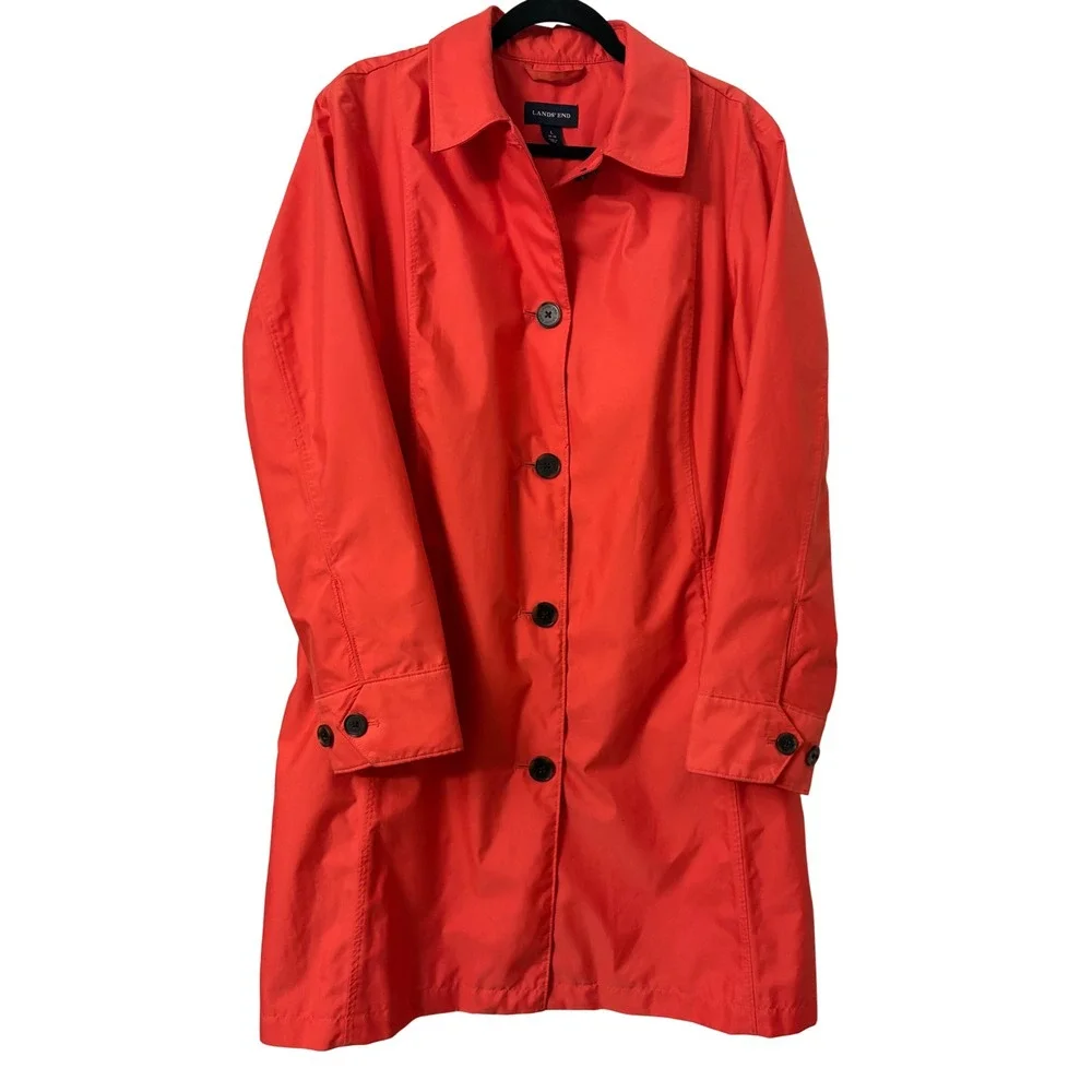 Lands End Womens Coral Pink Trench Coat Jacket Button Front L 14-16 Single